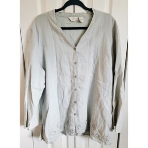 J. JIll XL 100% Linen Tunic Button Front LS Laser‎ Cut Out Hem V-Neck Gray Green